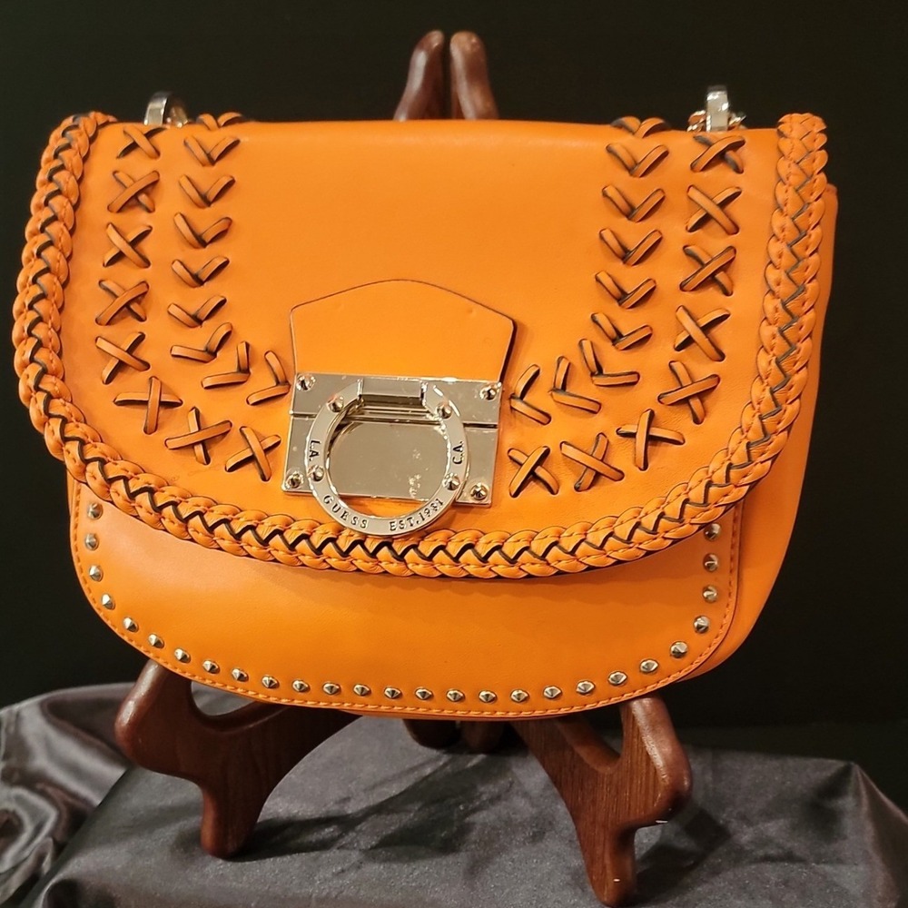 GUESS Orange Whipstitch Studded Crossbody Bag Silver Hardware Horseshoe Clasp